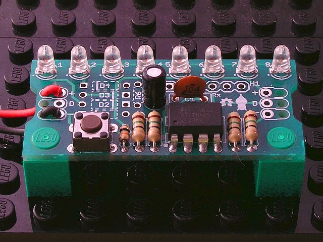 A completed SweeperMeter kit mounted on a Lego base.