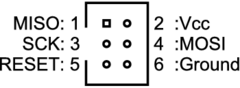 AVR ISP header, 6 pin, plan view pinout