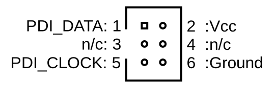 AVR PDI header, 6 pin, plan view pinout