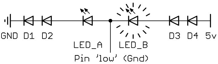 two LEDs, four diodes and a 'low' uC pin in the centre